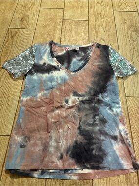 Southern fried chics Tie-Dye V-Neck Top with Sequin Sleeve